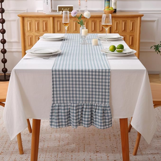 Dust Blue White Plaid Gingham Ruffle Table Runner 108 inches Long 100% Washed by KMASANIJI