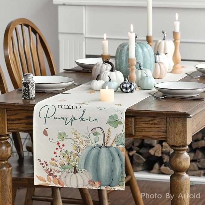 Artoid Mode 210 GSM Fall Table Runner 13x48 Inch Home Party Decor | Aqua Hello - Image 3