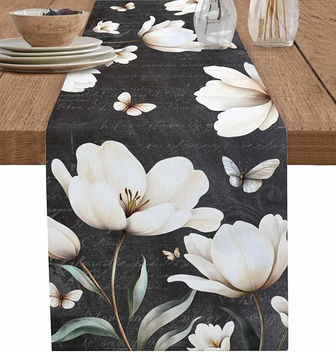 Farmhouse Floral Table Runners 60 Inches Long, Cotton Linen Fabric Table Runner by Edwiinsa