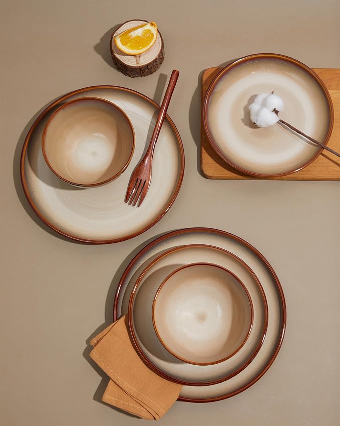 16 Piece Double Bowl Plates and Bowls Sets, Ceramic Dinnerware Sets - Image 4