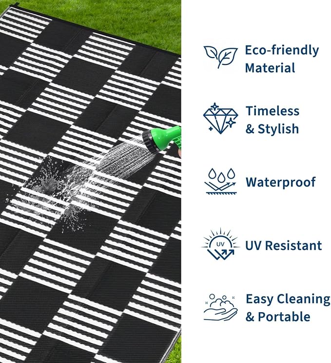 Garvee Waterproof Outdoor Rug 9x12, Checkered Foldable Plastic Straw Patio - Image 2