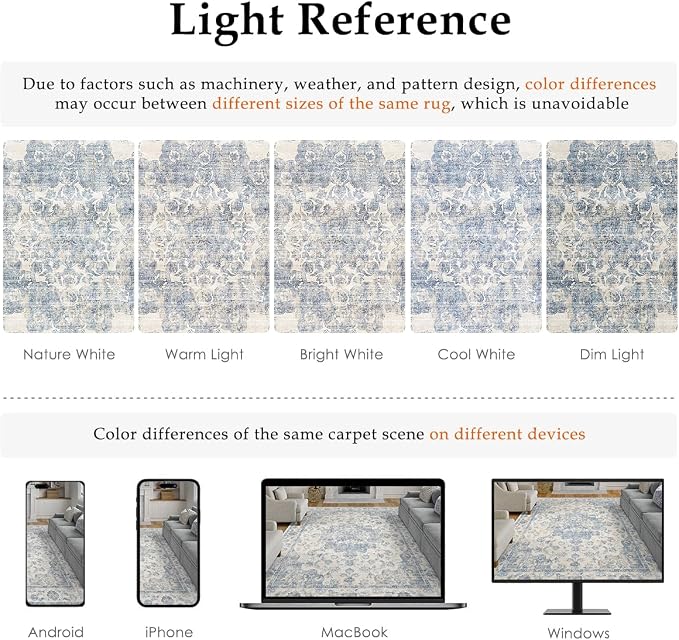9x12 Neutral Area Rug Blue Vintage Living Room Bedroom Washable Carpet Non-Slip - Image 9