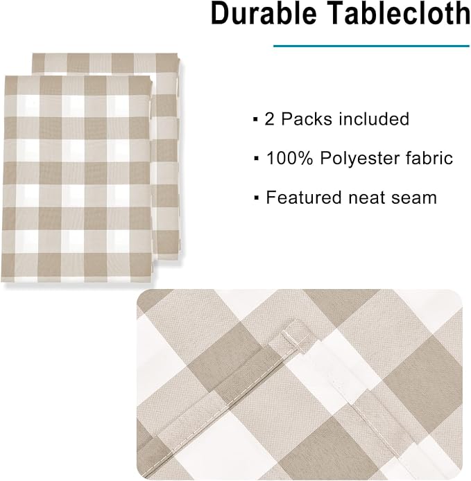 Buffalo Plaid Tablecloth 60 x 84 inch 2 Pack Khaki and White | Waterproof - Image 3