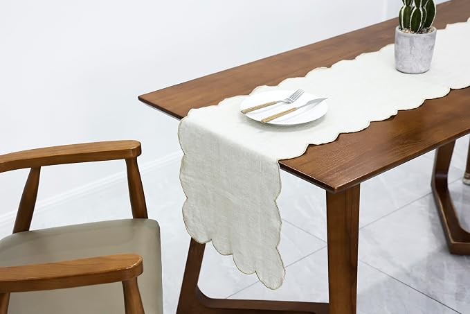100% Natural Linen Rustic Scalloped Embroidery Table Runner 72 Inches Long - Image 5