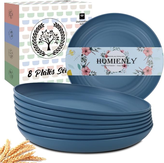 Unbreakable 8 Pcs Deep Dinner Plates Reusable Plastic Wheat Straw Plates Set by HOMIENLY