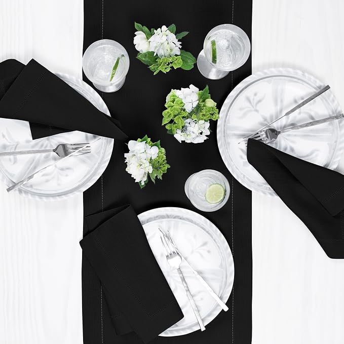 Solino Home 100% Linen Table Runner Black, Classic Hemstitch 14 x 120 in | - Image 3