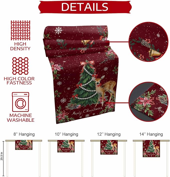 Christmas Reindeer Short Table Runners 48 Inches, Cotton Linen Fabric Red Table - Image 8