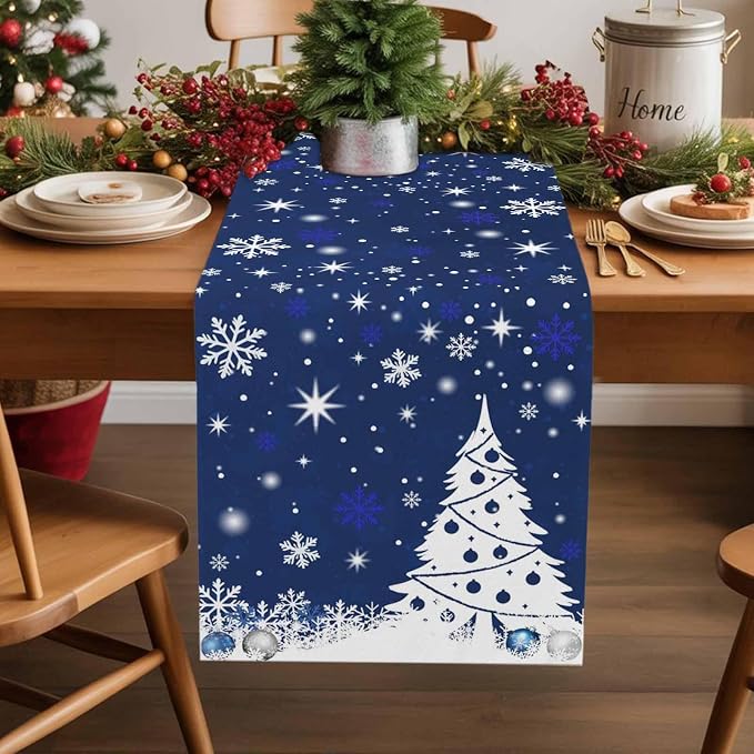 Navy Blue Christmas Tree Table Runner 120 Inches Long, Xmas Balls Snowflake - Image 2