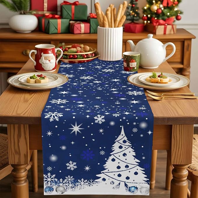 Navy Blue Christmas Tree Table Runner 120 Inches Long, Xmas Balls Snowflake - Image 5