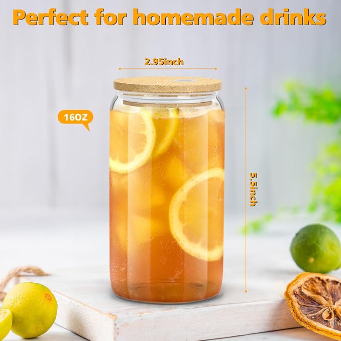 sungwoo 8PCS Glass Cups with Bamboo Lids and Straws, 16OZ Ice Coffee Cup - Image 5