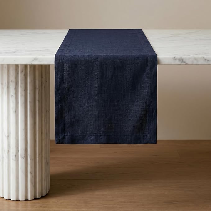 Solino Home 100% Pure Linen Dining Table Runner Navy Woven, Fete 14 x 60 in | - Image 2