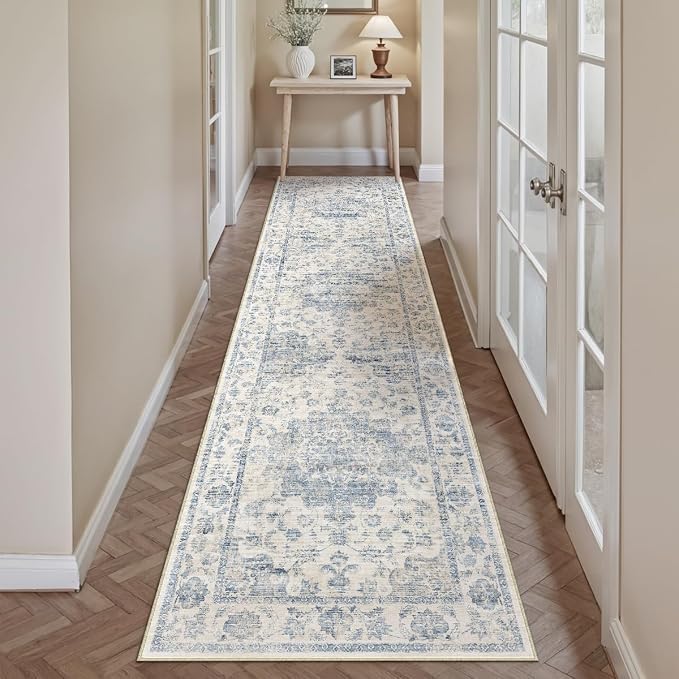 2x12 Washable Neutral Runner Rug Blue Vintage Hallway Kitchen Carpet Non-Slip - Image 3