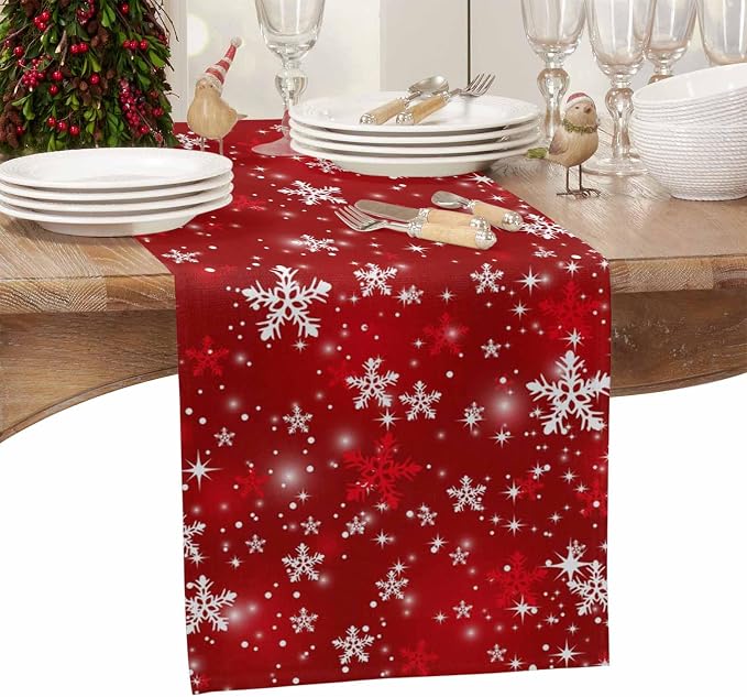 Red Christmas Table Runners 70 Inches Long, Cotton Linen Fabric Snowflake Table - Image 4