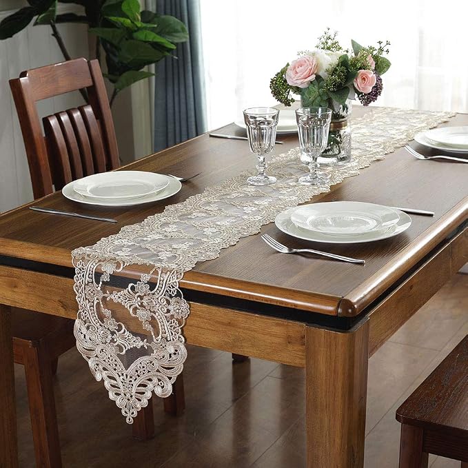 ARTABLE Champagne Lace Table Runner Macrame Dresser Scarf 10 x 59 Inch | - Image 2
