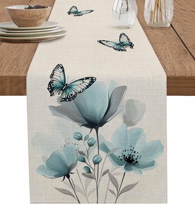 Turquoise Floral Table Runners 36 Inches Long, Spring Flowers Butterfly Table by Unknown