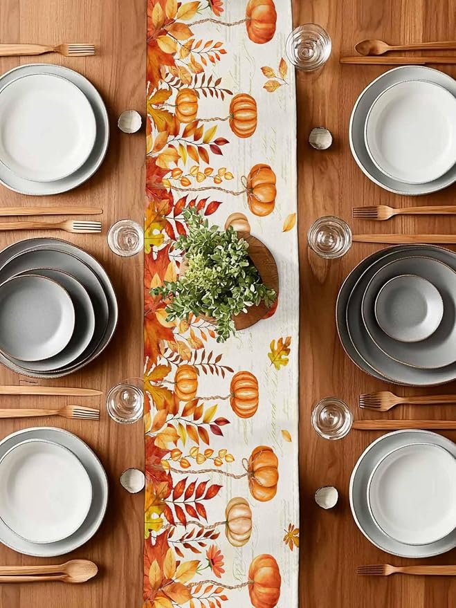 Orange Pumpkin Fall Table Runner 90 Inches Long, Thanksgiving Maple Eucalyptus - Image 7