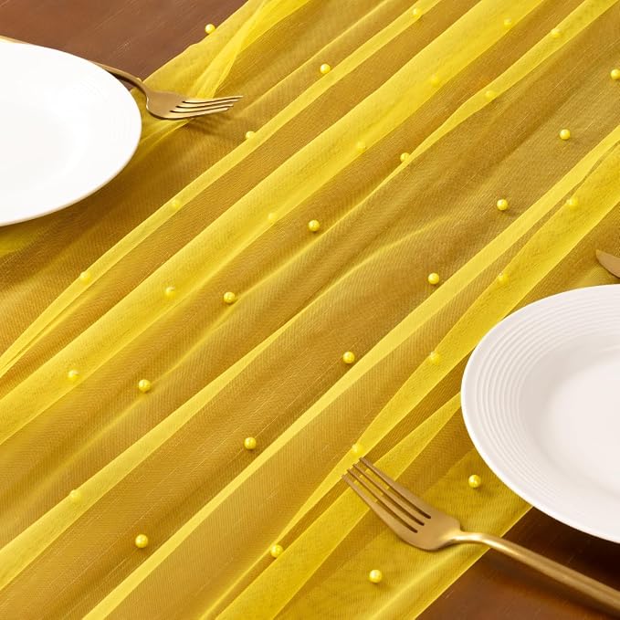 Pearl Table Runner Summer Tulle Gauze Sheer Wedding Party Home Decor | Yellow - Image 2