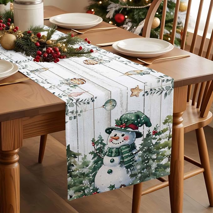 Christmas Snowman Table Runner 36 Inches Long, Xmas Trees Eucalyptus Leaves - Image 3
