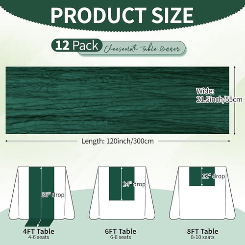 12 Pack Dark Green Cheesecloth Table Runner 10Ft, Christmas Table Runner 21.5 X - Image 2