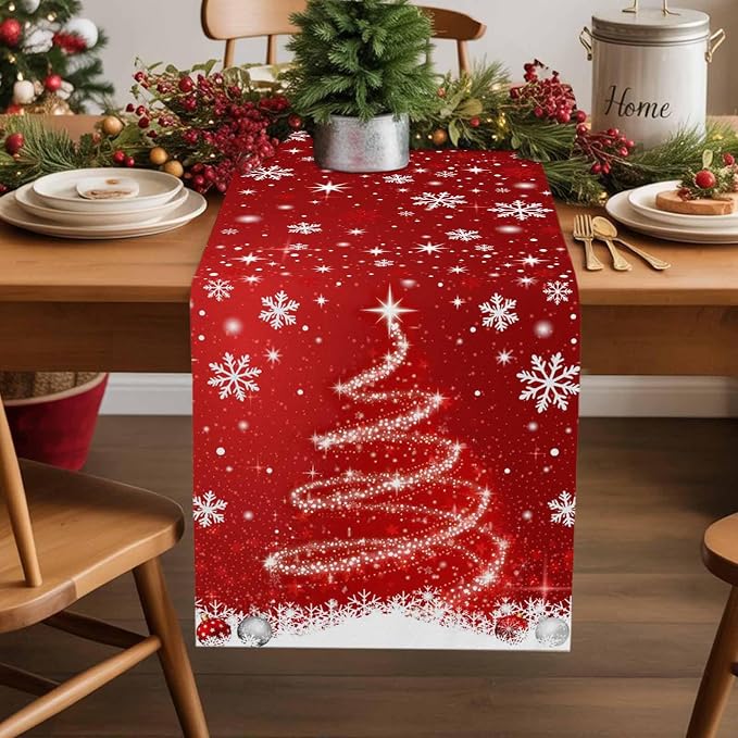 Red Christmas Table Runner 120 Inches Long, Xmas Tree Balls Snowflake Table - Image 2