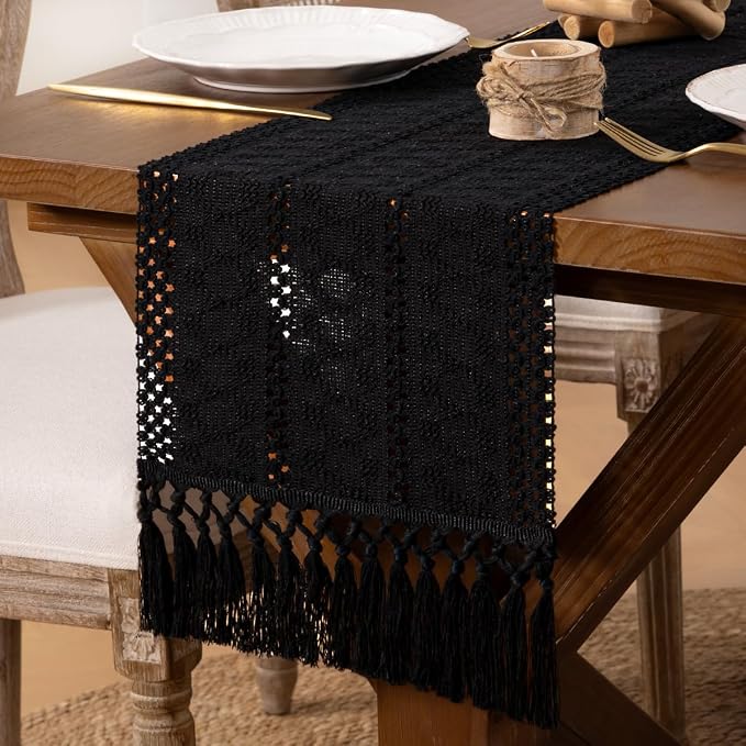 DeZerlor Black Boho Macrame Farmhouse Woven Table Runner 72Inch | Cotton Linen - Image 6