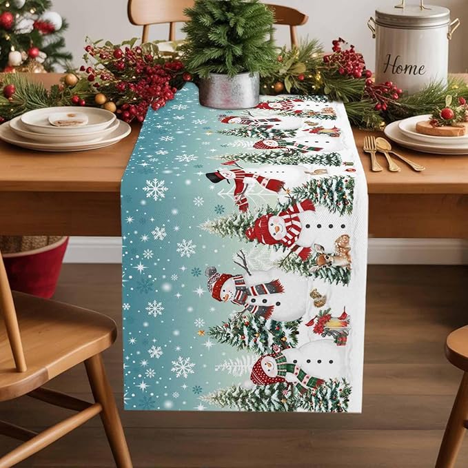 Teal Christmas Snowman Table Runner 60 Inches Long, Xmas Trees Snowflake Table - Image 2