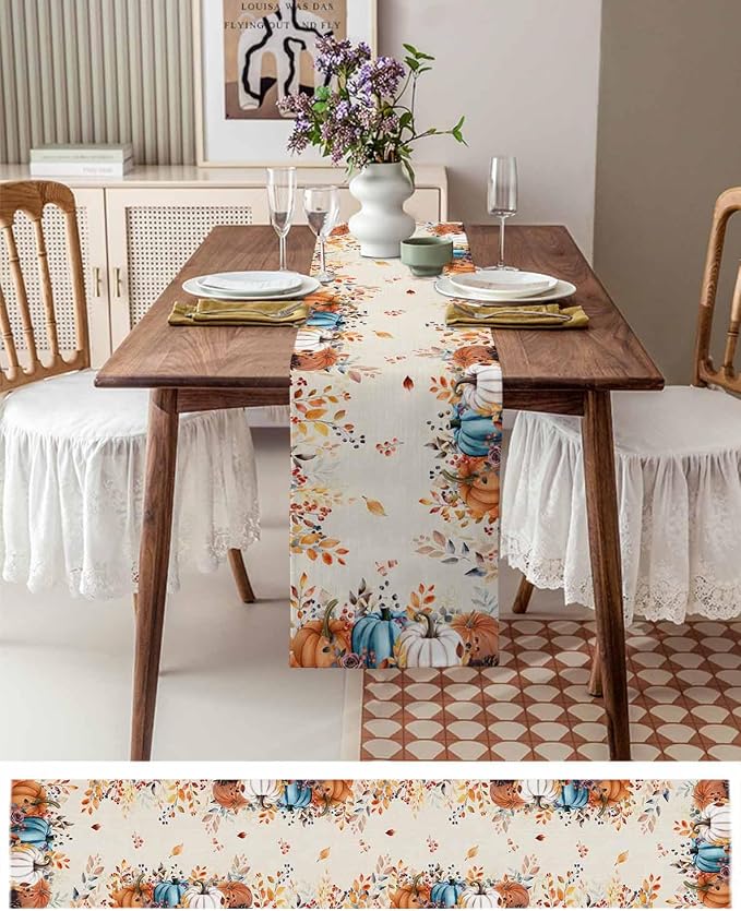 Orange Blue Pumpkin Fall Table Runner 60 Inches Long, Thanksgiving Eucalyptus - Image 4