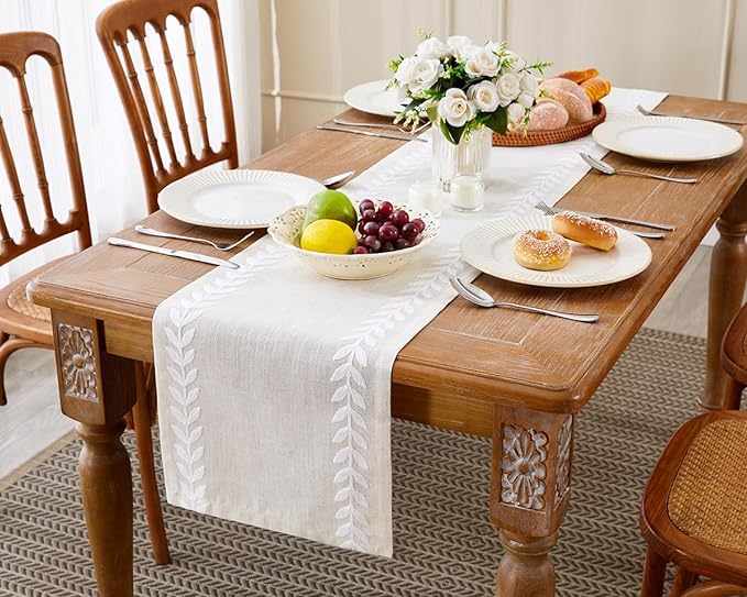 Linen Embroidered Table Runner, Farmhouse Irregular Willow Leaf Table Runner - Image 4