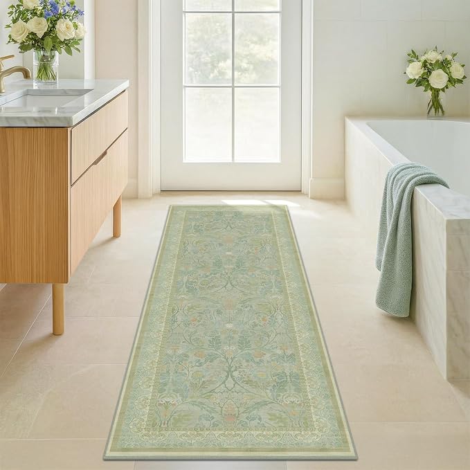 Floral 2x6 Washable Long Hallway Runner Rugs Non Slip, Sage Green Soft Runner by Evyhood