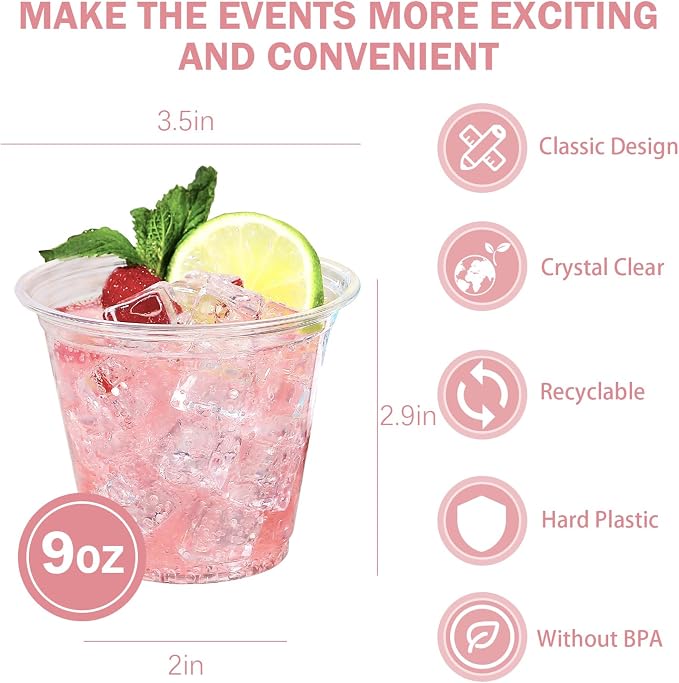 BYSNOW 500 Pack 9 oz Clear Plastic Cups Thickened Disposable Drink Cups | - Image 2