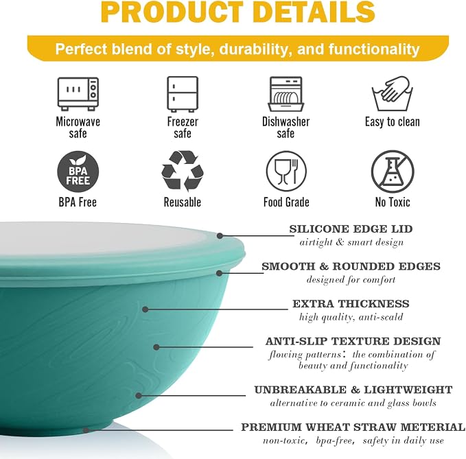 40 OZ Wheat Straw Bowls with Lids Set, Alternative Plastic Food Containers with - Image 3