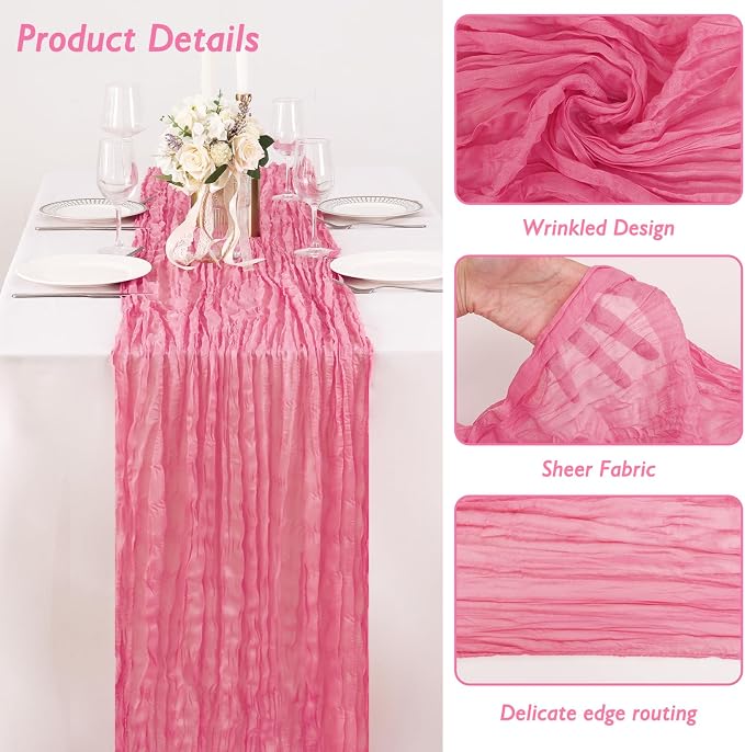 3 Pack Rose Pink Cheesecloth Table Runner 120 Inch Boho Wedding Decor | - Image 3