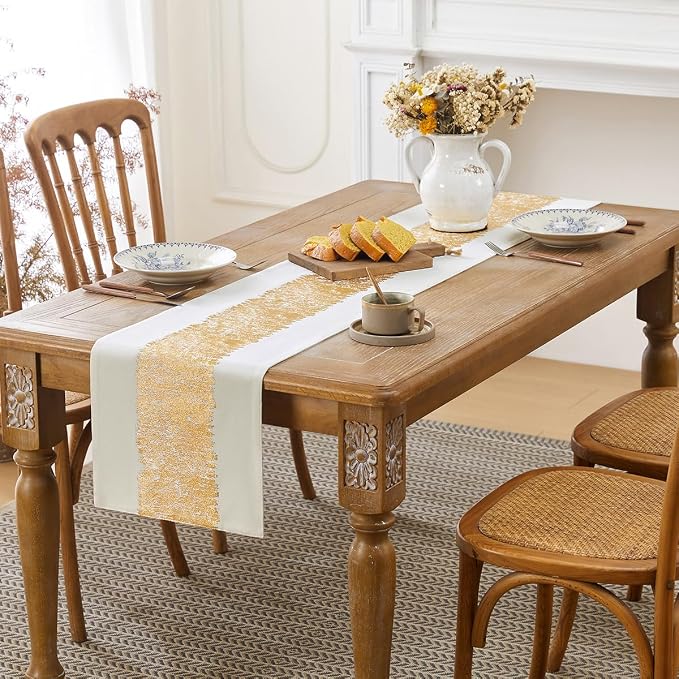 Metallic Style Gold Table Runner, Table Runners 90 Inches Long | Cotton Linen - Image 2