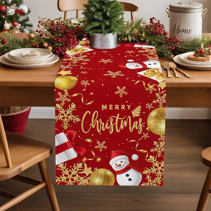 Merry Christmas Table Runner 108 Inches Long, Xmas Balls Snowman Snowflake - Image 2