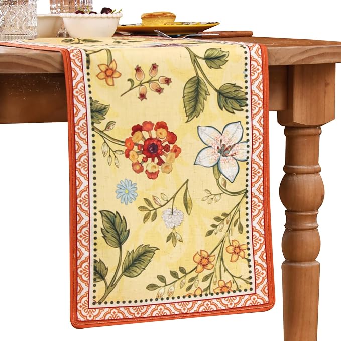 bilin gaier Designer French Linen Small Table Runner, Floral Pattern, Dining by bilingaier