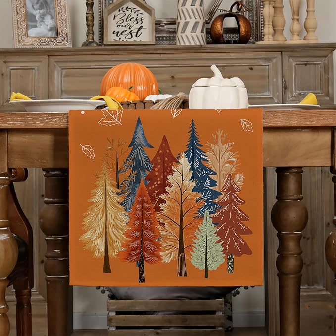 Fall Watercolor Trees & Maple Leaves Table Runner 13x120 Inch, Rustic Farmhouse - Image 4