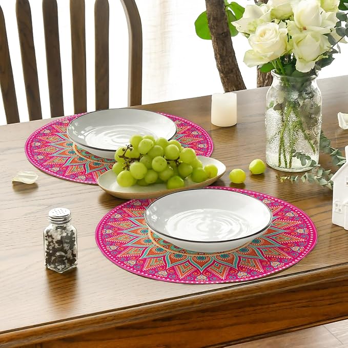 Artoid Mode Pink Yellow Mandala Round Placemats Set of 4, 14 Inch Seasonal - Image 4