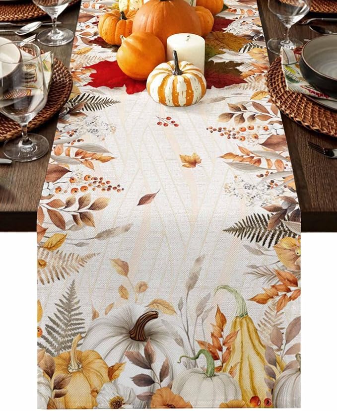 White Golden-Yellow Pumpkin Fall Table Runner 60 Inches Long, Thanksgiving by Unknown
