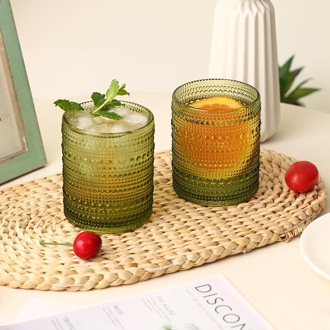 Moretoes 10oz Green Hobnail Drinking Glasses Set of 6 Cocktail Glasses | - Image 2