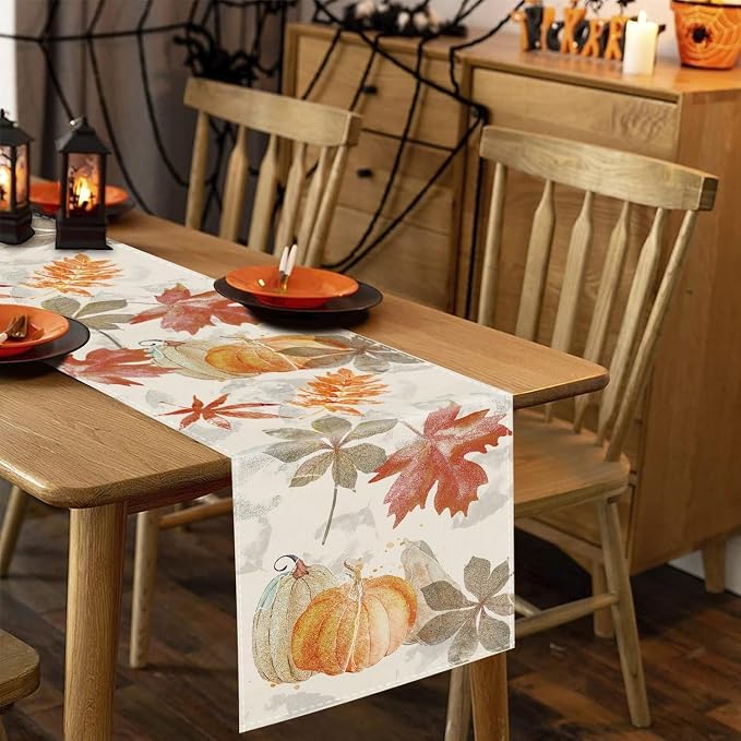 Fall Table Runner Pumpkin Maple Leaf Watercolor Vintage Table Runners Seasonal - Image 4