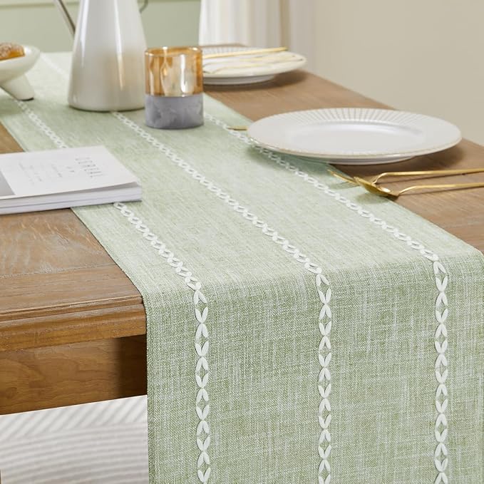 Wracra Rustic Linen Table Runner, Sage Green Table Runners 90 inches Long | - Image 6