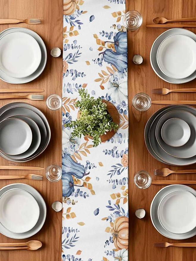 Blue Pumpkin Fall Table Runner 60 Inches Long, Thanksgiving Floral Eucalyptus - Image 7