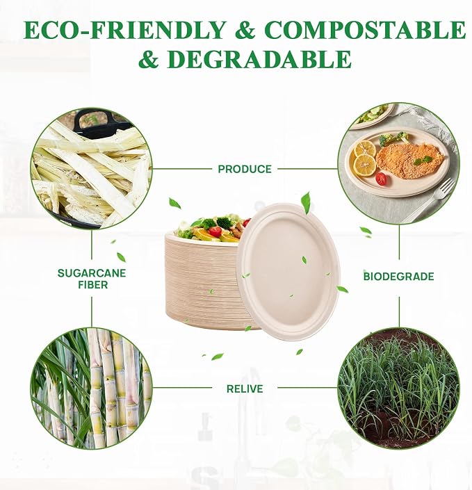 Vplus 100% Compostable Oval Paper Plates 12 inch 120 Pack, Nature | Super Strong - Image 3