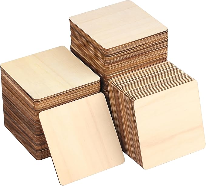 200 Pieces Unfinished Wooden Squares, 4 x 4 Inch Natural Square Wood Cutout by GNIEMCKIN