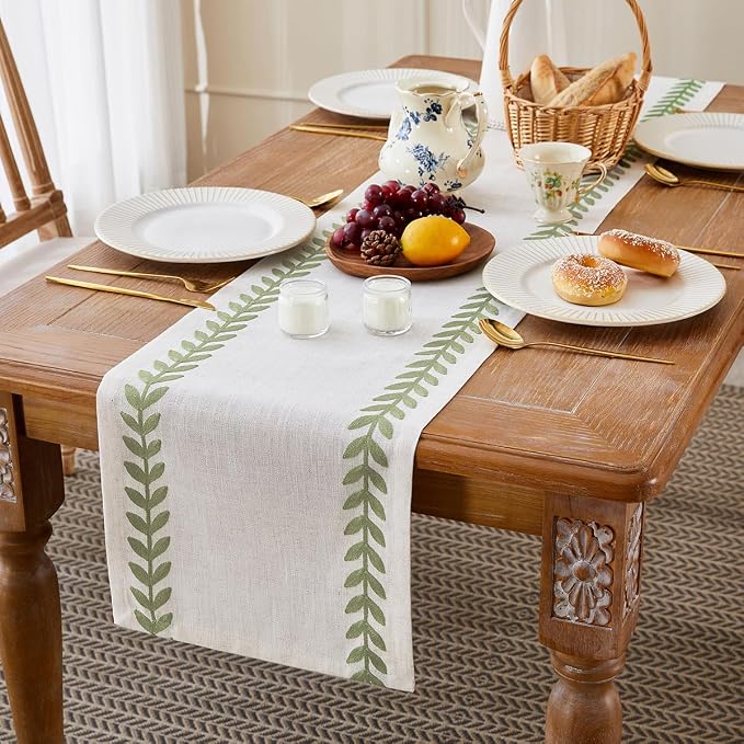Embroidered Table Runner, Light Green Table Runners 48 Inches Long | Linen - Image 3