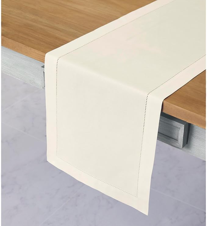 Solino Home Cotton Linen Dining Table Runner Ivory Hemstitch, 14 x 72 in | - Image 2