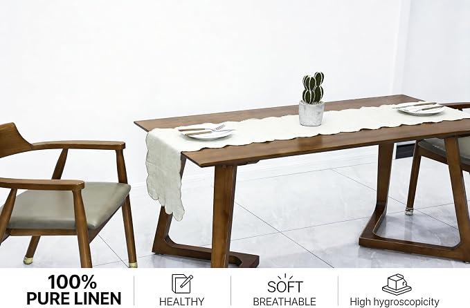 100% Natural Linen Rustic Scalloped Embroidery Table Runner 132 Inches Long - Image 2