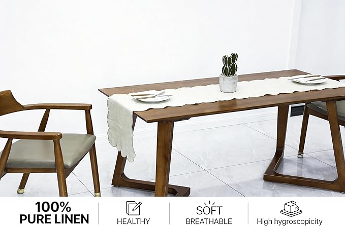 100% Natural Linen Rustic Scalloped Embroidery Table Runner 120 Inches Long - Image 2