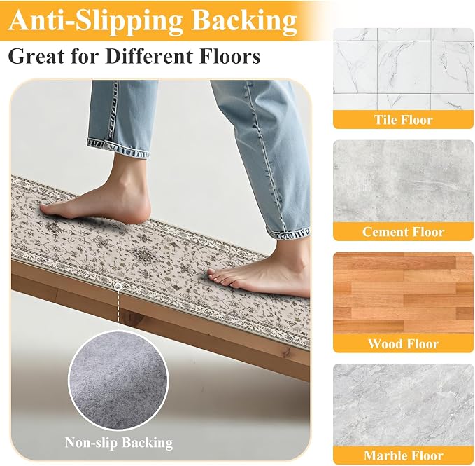 HEBE Washable Hallway Runner Rug 2'x 6' Non Slip Kitchen Rugs Runner, Low Pile - Image 3