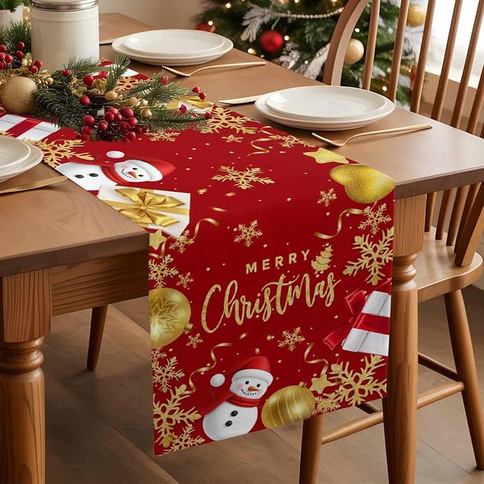 Merry Christmas Table Runner 36 Inches Long, Xmas Balls Snowman Snowflake Table - Image 3